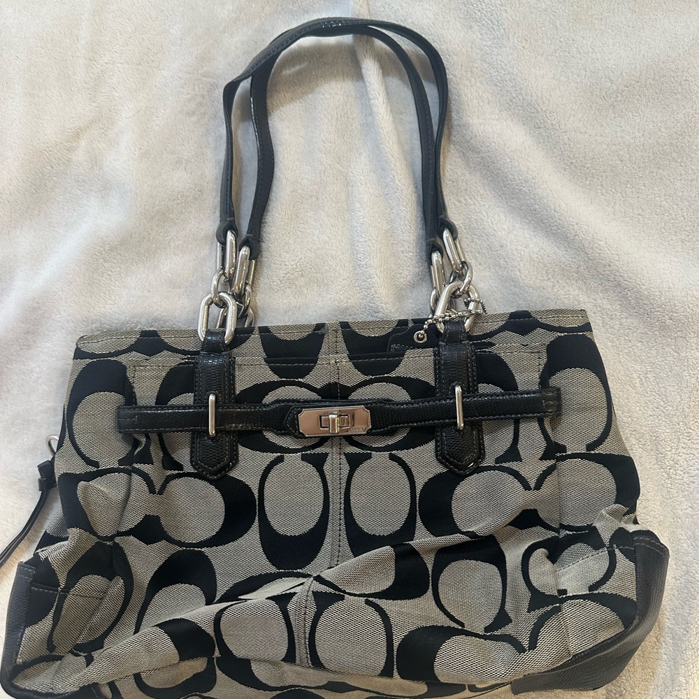 Coach Black and Cream Signature Shoulder Tote